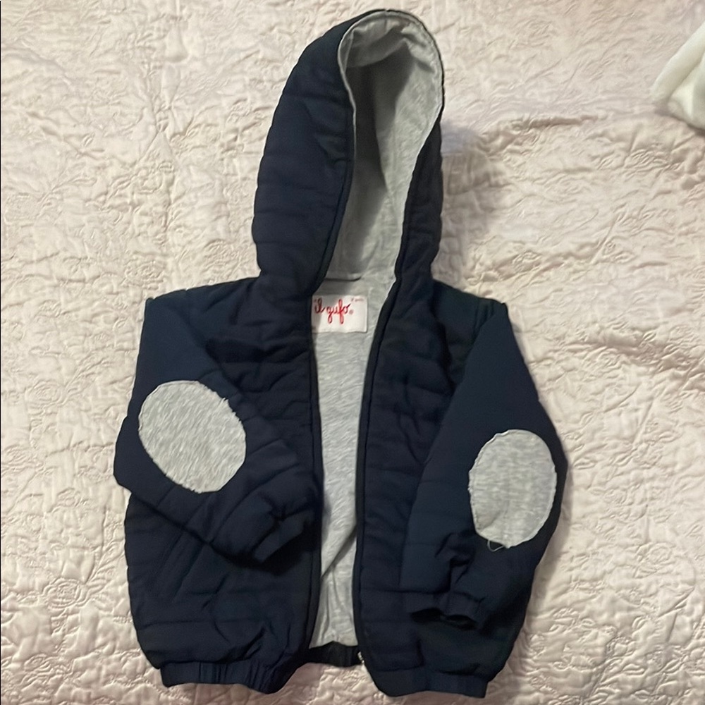 Navy Blue Puffer Jacket with Gray Accents